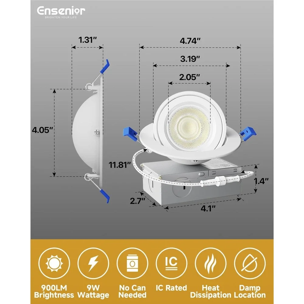 Ensenior 4 Pack 4 Inch LED Gimbal Recessed Light 5CCT Dimmable 900LM White 9W